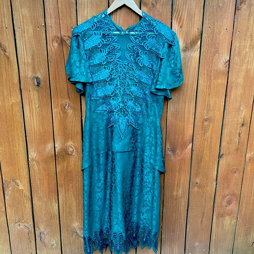 Vintage Green Yvonne LeFleur Drop Waist Flapper Downton Abbey Dress Formal Lace